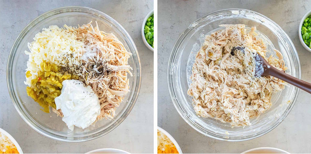 Two images of cooked chicken, green chiles, sour cream, and cheese in a bowl before and after being mixed.