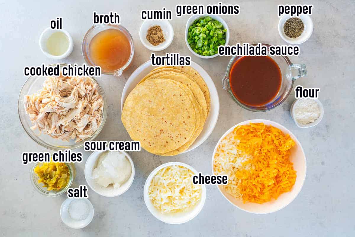 Cooked chicken, tortillas, enchilada sauce and other ingredients with text.
