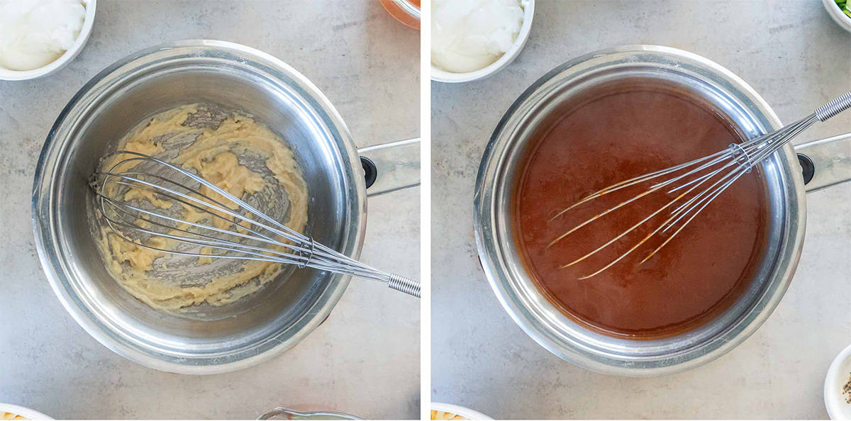 Two images of flour, oil, and enchilada sauce in a saucepan.