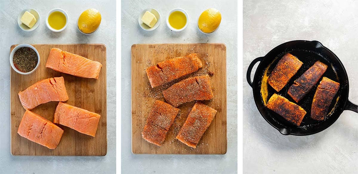 Three images of salmon on a cutting board, seasoned salmon, and salmon cooking in a cast iron skillet.