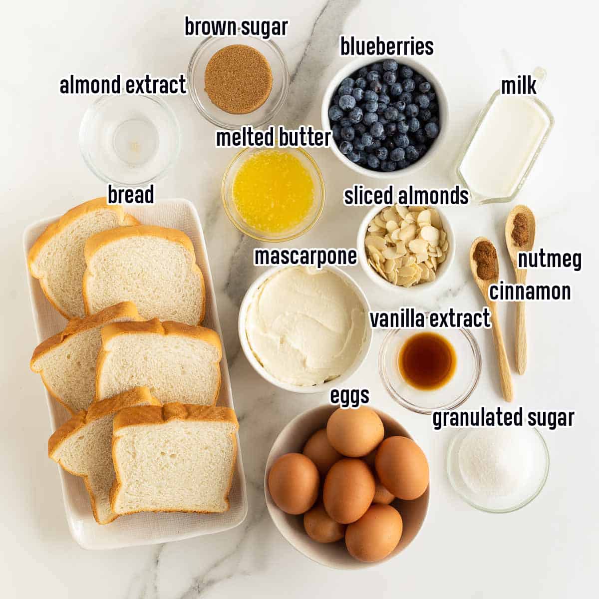 Bread, blueberries, eggs and other ingredients in bowls with text.