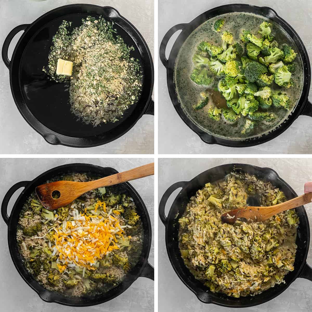 Four images of rice, broccoli and cheese in a cast iron skillet.