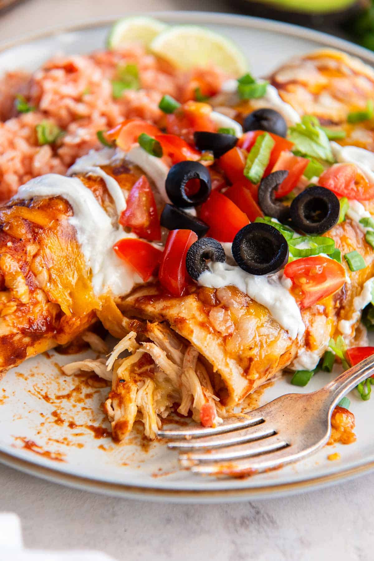 A fork lying next to chicken enchiladas on a dinner plate.