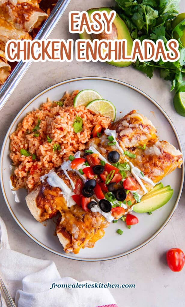 Two chicken enchiladas on a dinner plate with mexican rice with text.