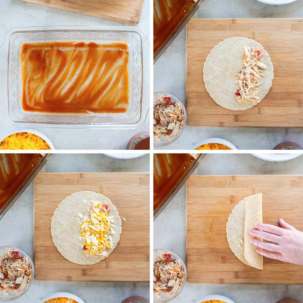 Four images showing enchilada sauce in a baking dish and chicken and cheese being rolled up in a tortilla.