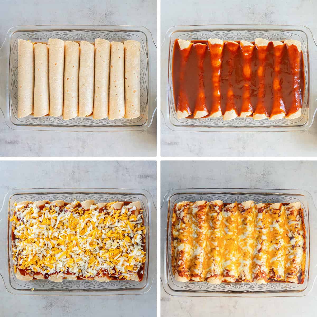 Four images of assembled enchiladas in a baking dish topped with enchilada sauce and cheese.