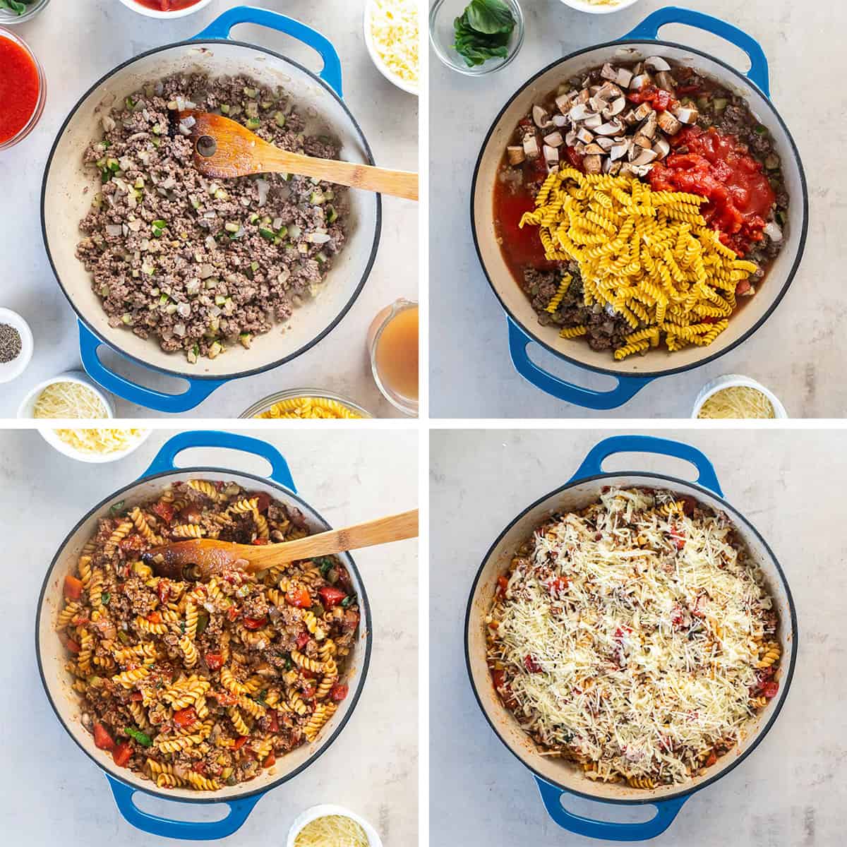 Four images of ground beef, vegetables, pasta, tomatoes, and cheese cooking together in a skillet.