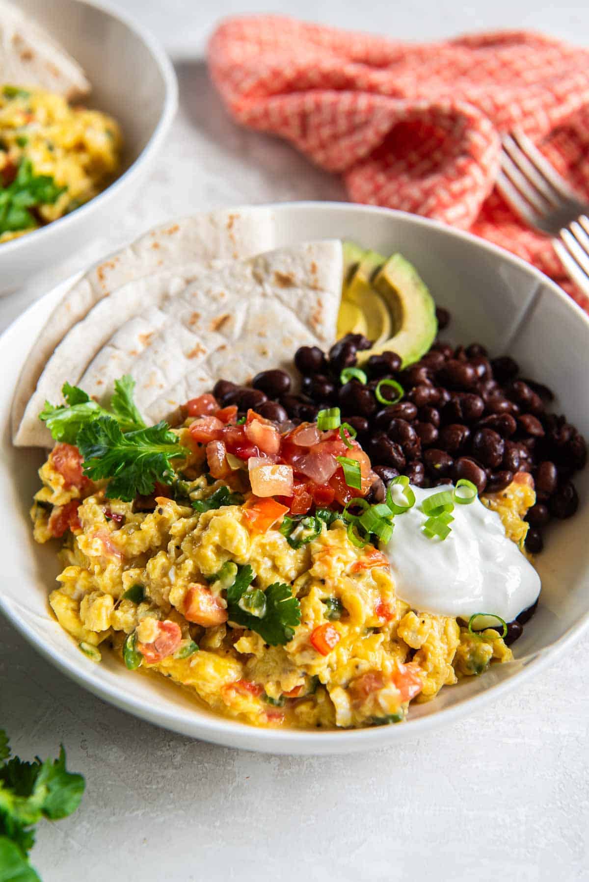 Mexican scrambled eggs in a white bowl with black beans, salsa, and a folded flour tortilla.