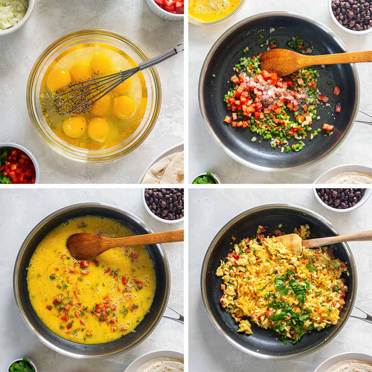 Four images of diced veggies cooking in a skillet with scrambled eggs.