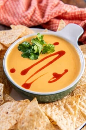 A small white dish filled with nacho cheese sauce topped with hot sauce and cilantro and surrounded by tortilla chips.