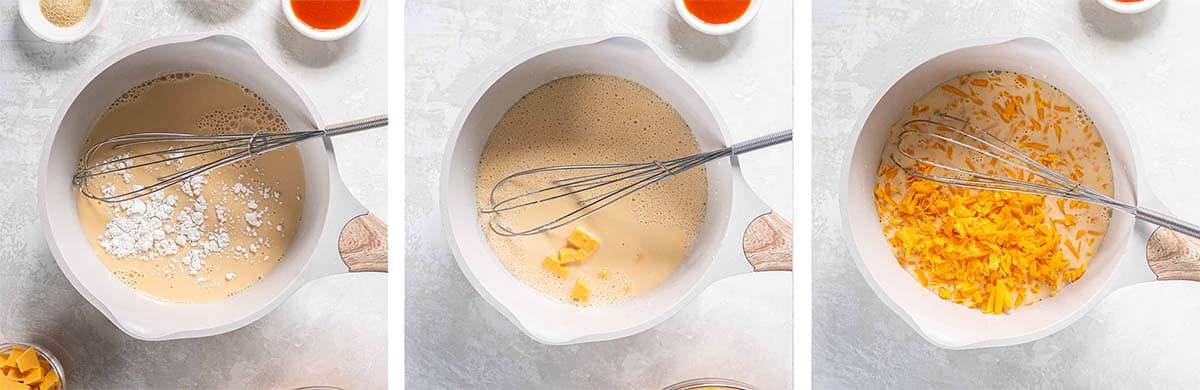 Three images of evaporated milk, cornstarch, and cheese being combined in a saucepan.