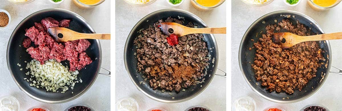 Three images of ground beef and onion cooking in a skillet with seasoning and tomato paste.