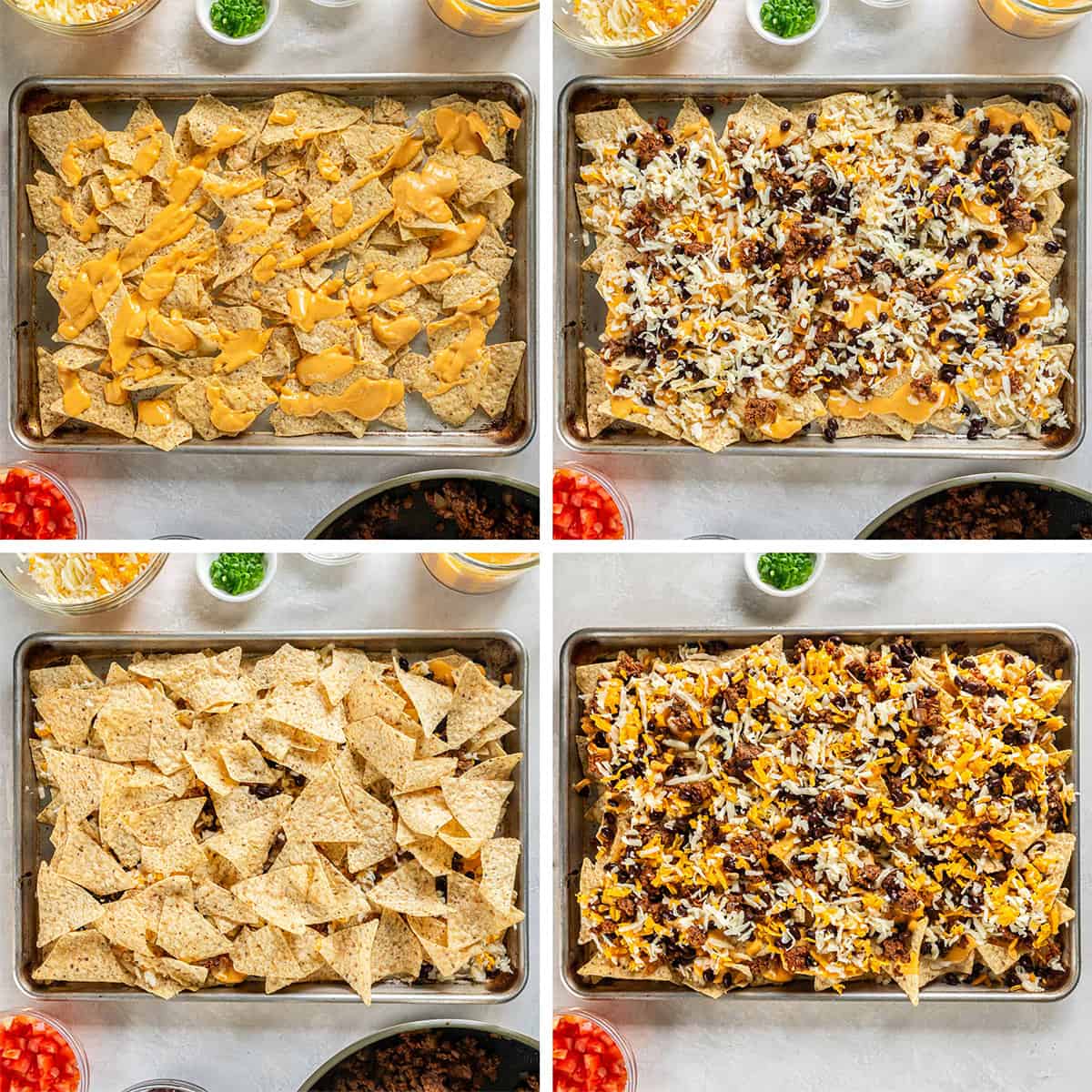 Four images of ingredients for nachos layered on a baking sheet.