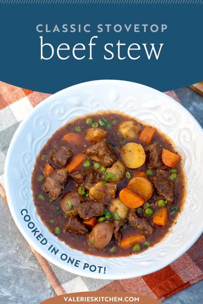 A bowl of beef stew with text overlay.