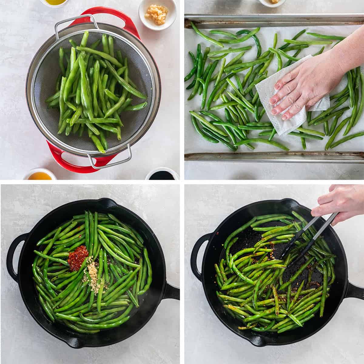 Four images of green beans in a steamer basket, being patted dry with paper towels, and stir fried in a skillet.