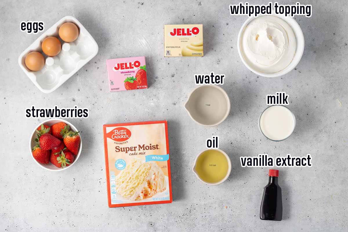 Cake mix, pudding and jello mix, whipped topping and other ingredients with text.