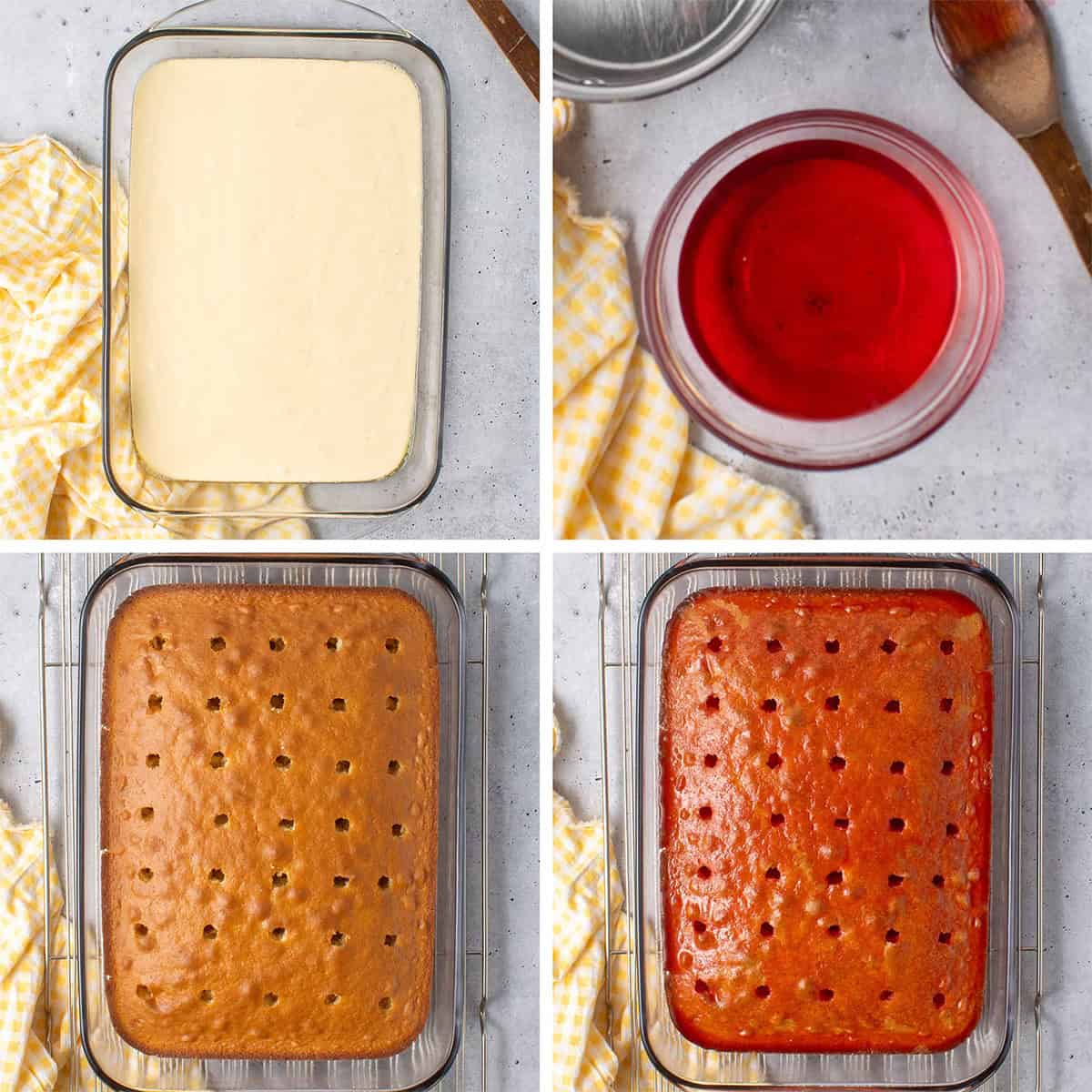 Four images of cake batter in a baking dish, liquid jello in a bowl, and a baked caked poked with holes.