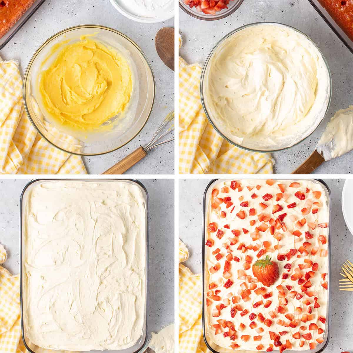 Four images of pudding frosting in a bowl and spread over jello cake garnished with fresh strawberries.