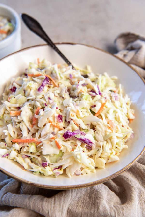 A spoon resting in a bowl of coleslaw.