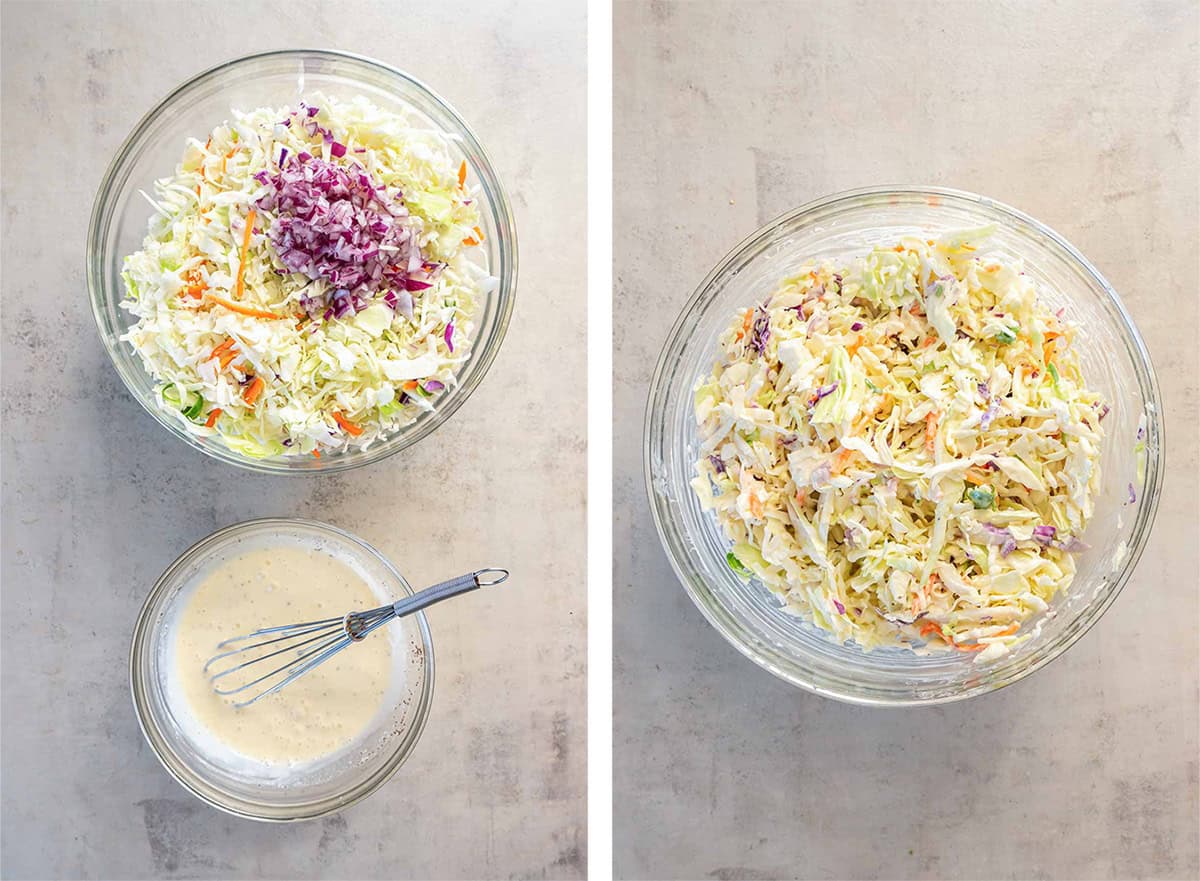 Two images of colelaw mix and dressing in separate bowls and then combined in one bowl.