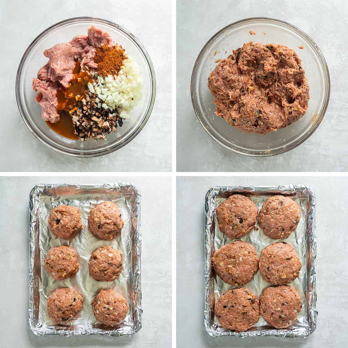 Four images of turkey burger ingredients in a bowl and pressed into patties on a baking sheet.