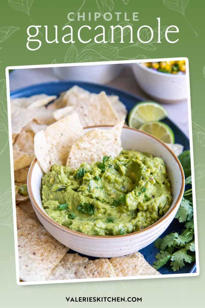 A couple of tortilla chips sticking in a bowl of copycat Chipotle Guacamole with text overlay.