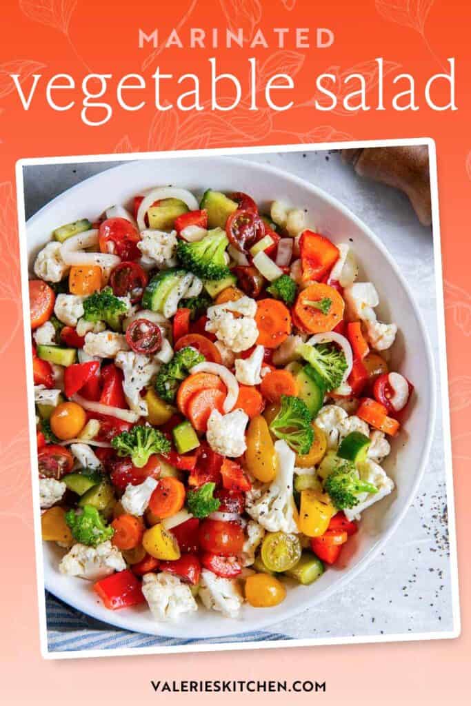 Marinated vegetables in a white bowl with text overlay.