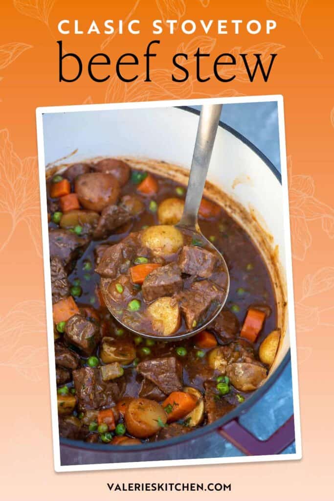 A ladle scooping beef stew from a pot with text overlay.
