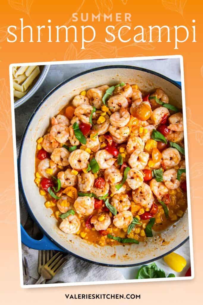 Summer shrimp scampi with tomatoes and corn in a blue skillet with text overlay.