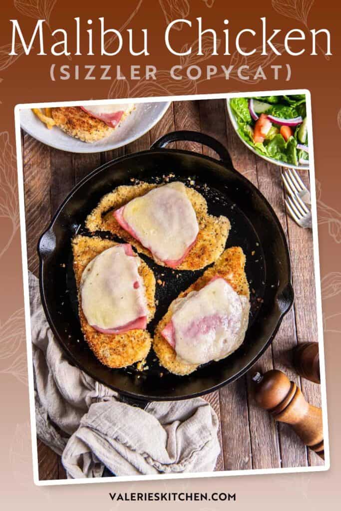 Malibu chicken with ham and swiss cheese in a cast iron skillet with text overlay.
