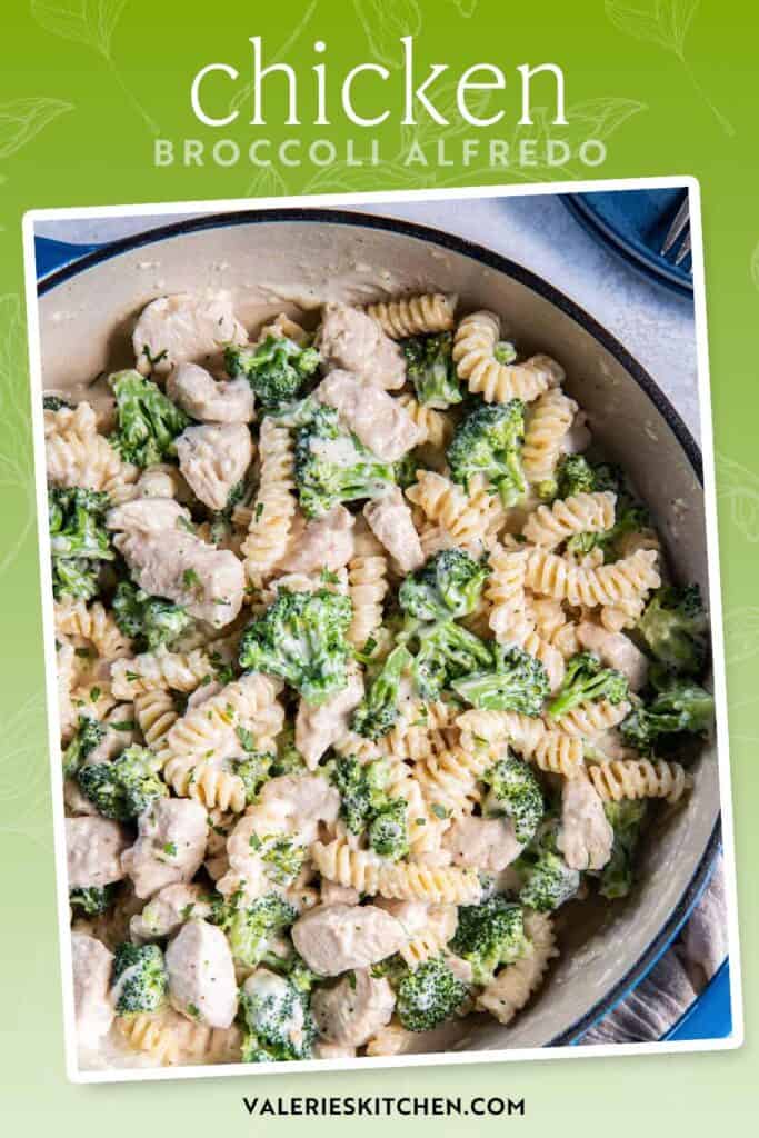 Chicken broccoli alfredo in skillet with text overlay.