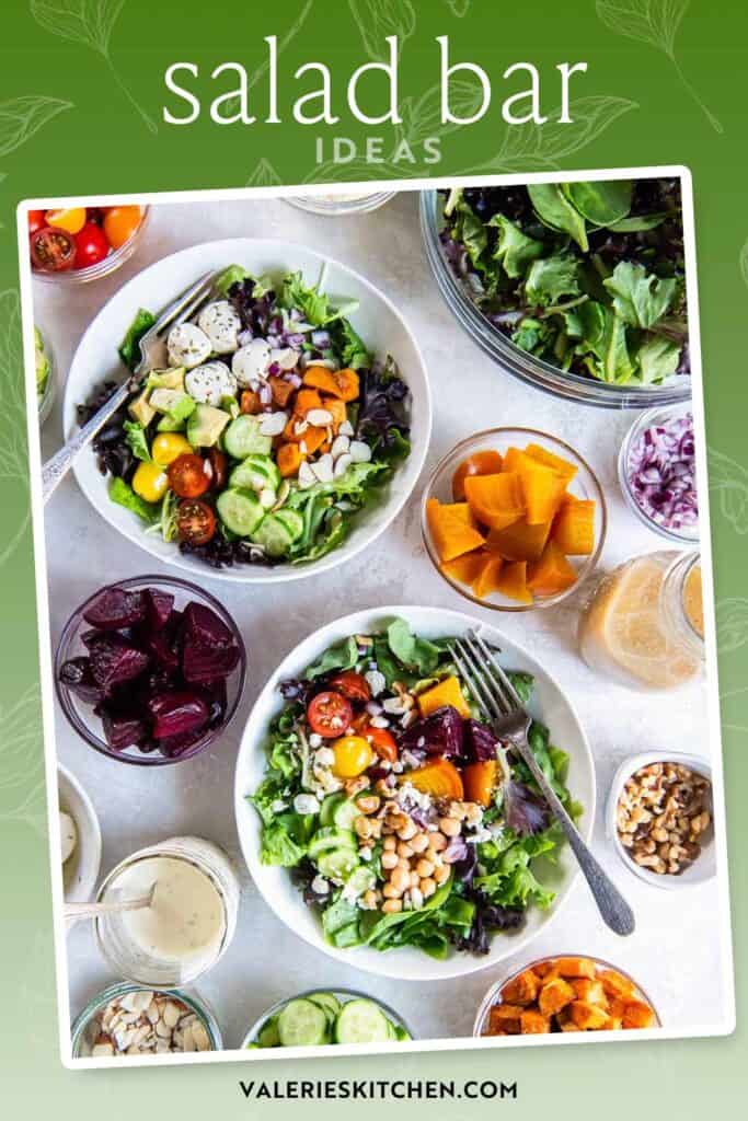 Two green salads in white bowls next to salad ingredients in small bowls with text overlay.