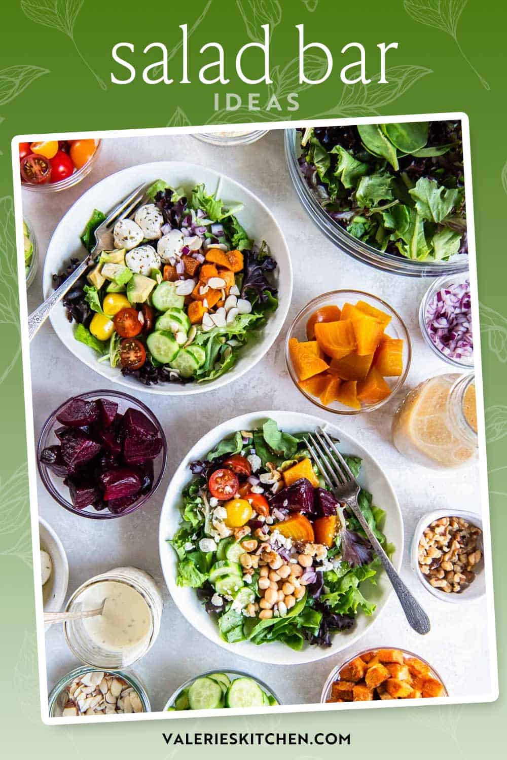 Two green salads in white bowls next to salad ingredients in small bowls with text overlay.