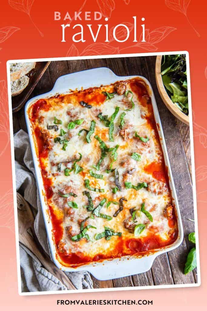 Baked ravioli topped with melted mozzarella cheese in a baking dish with text overlay.