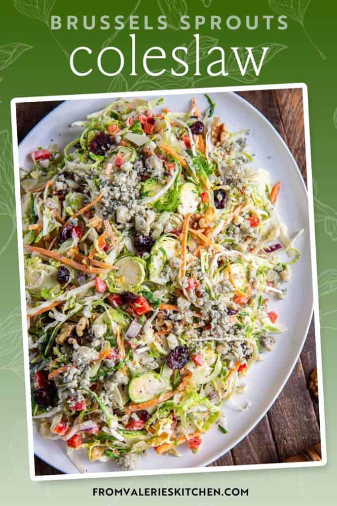 Brussels Sprouts Coleslaw with cranberries on a white platter with text overlay.