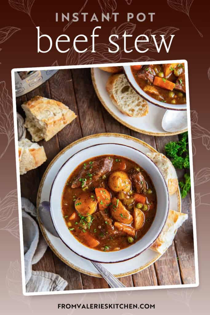 Beef stew in bowls next to an Instant Pot with text overlay.