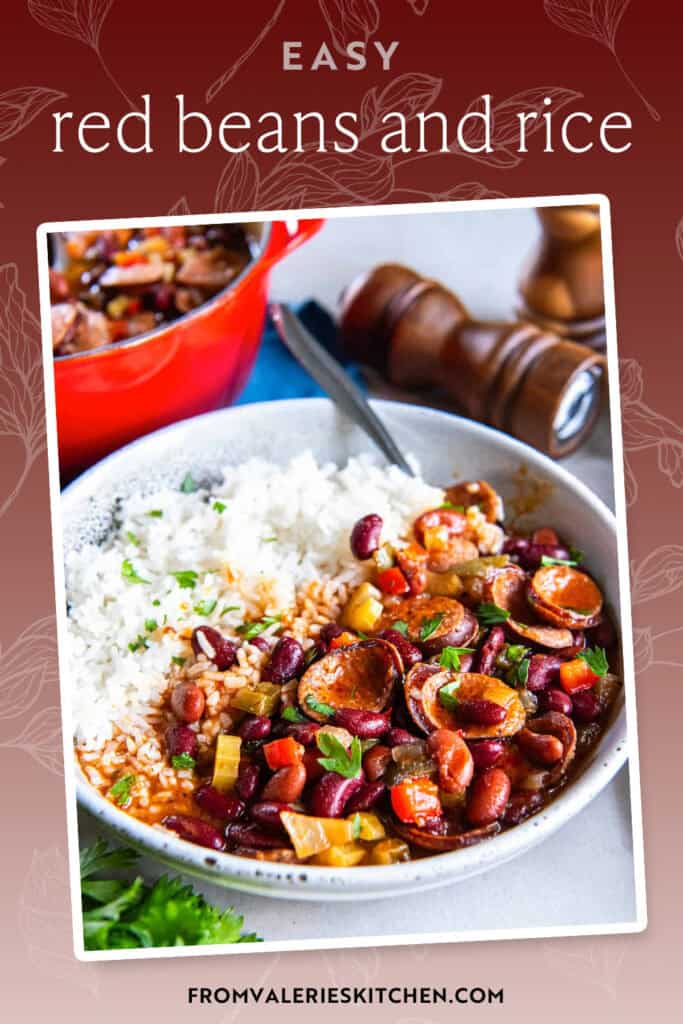Red beans and rice in a bowl with text overlay.