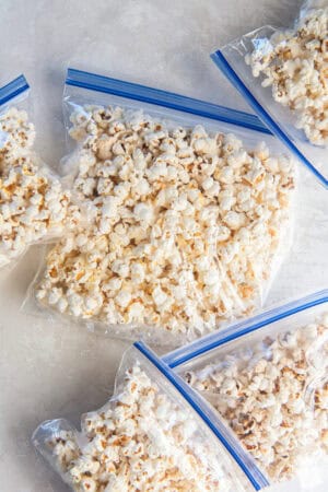 Popcorn in sealed plastic food storage bags.