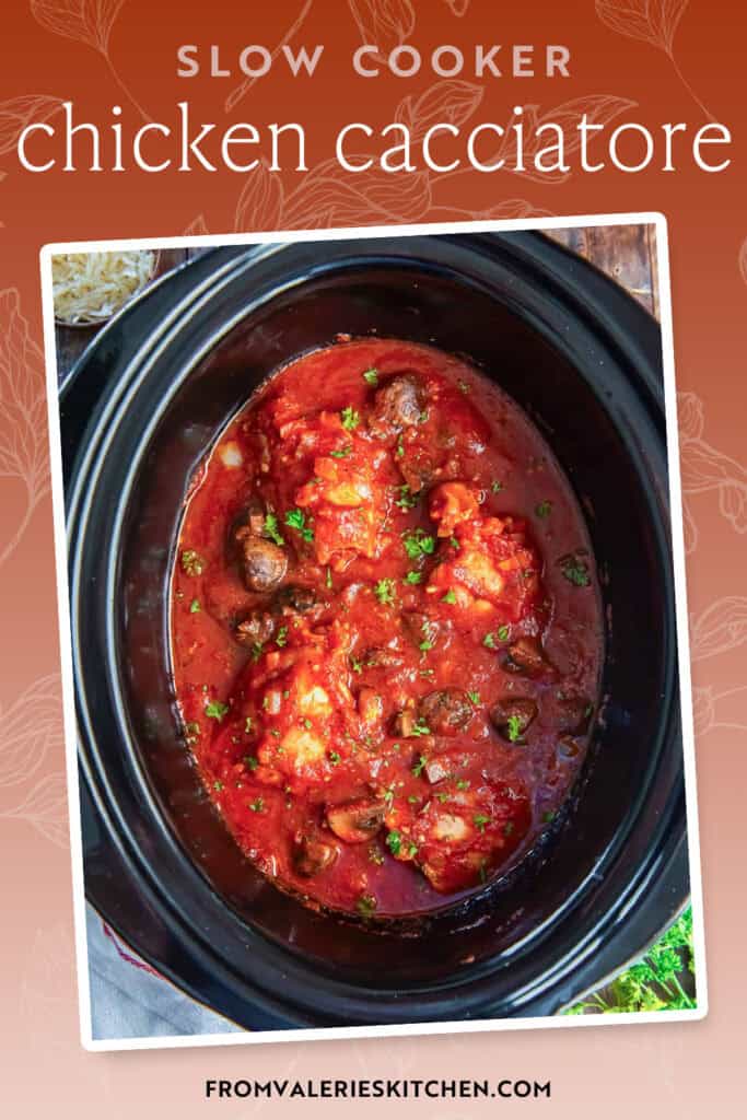 Chicken cacciatore in a slow cooker with text overlay.