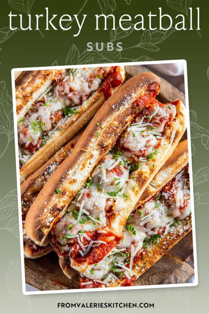 Turkey meatball subs with text overlay.