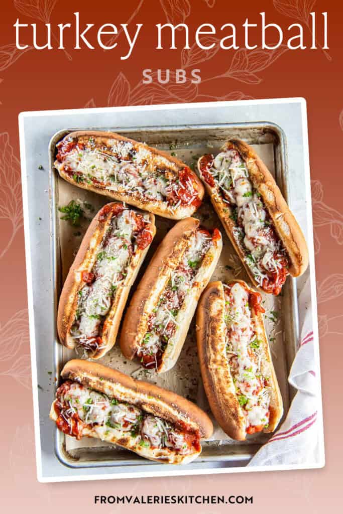 Turkey meatball subs with text overlay.