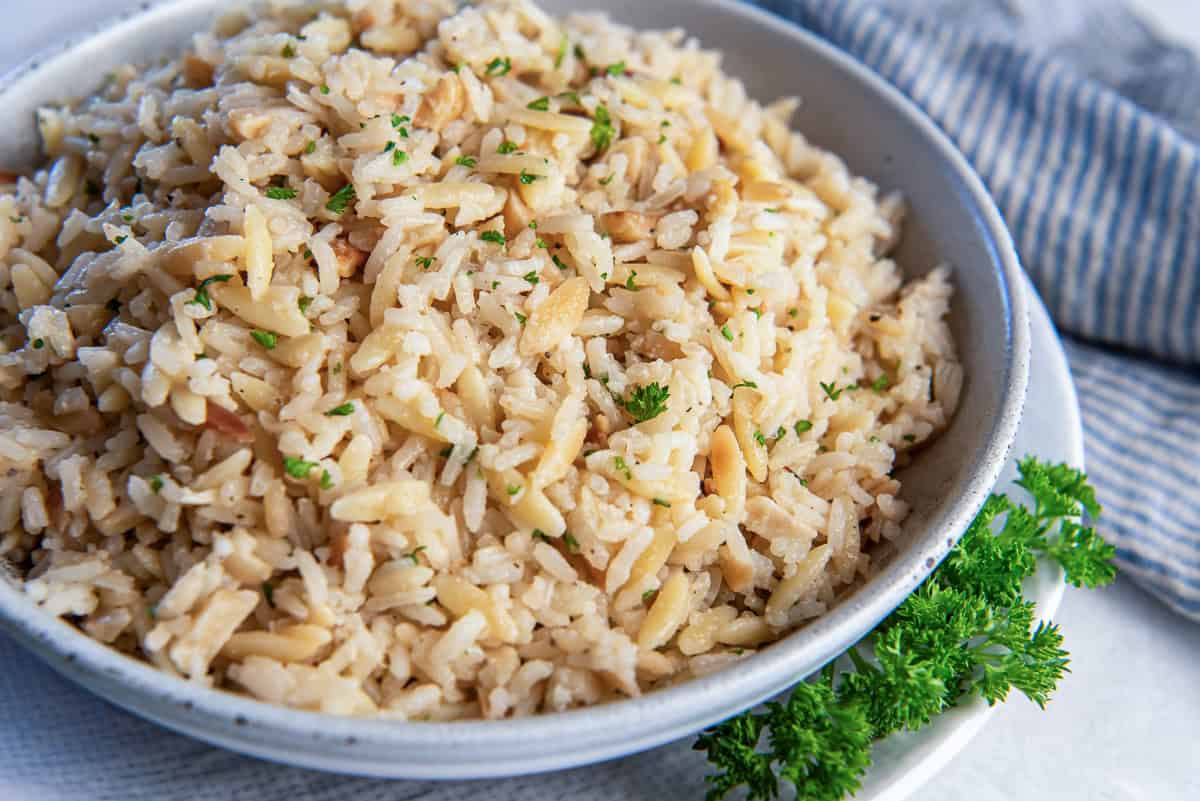 A bowl of almond rice pilaf.