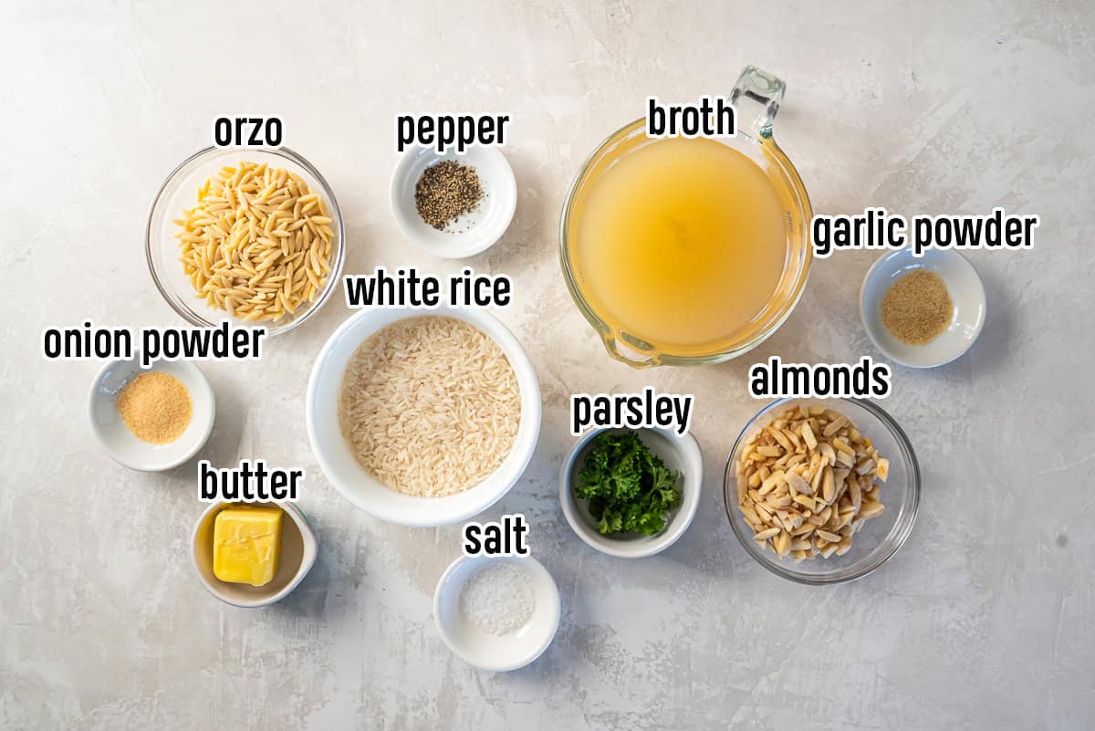 White rice, orzo, broth and other ingredients in bowls with text overlay.