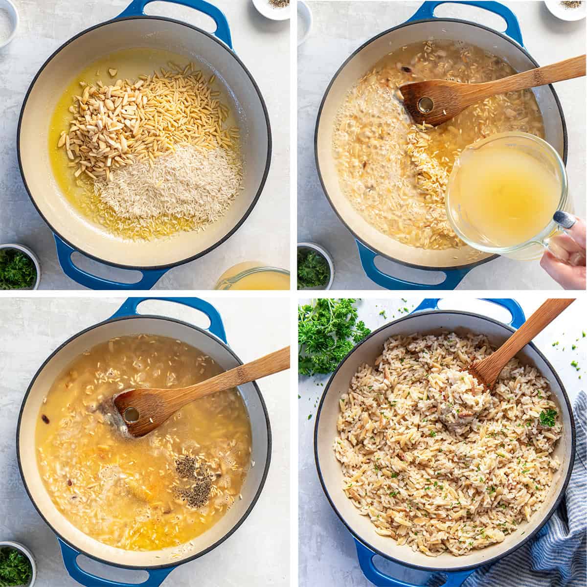 Four images of almond rice pilaf ingredients added to and cooking in a skillet.