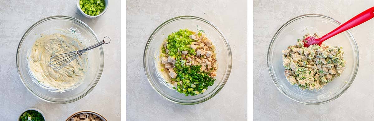 Three images of chicken salad ingredients being combined in a bowl.