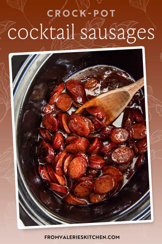 A wooden spoon stirring BBQ cocktail sausages in a crock pot with text overlay.