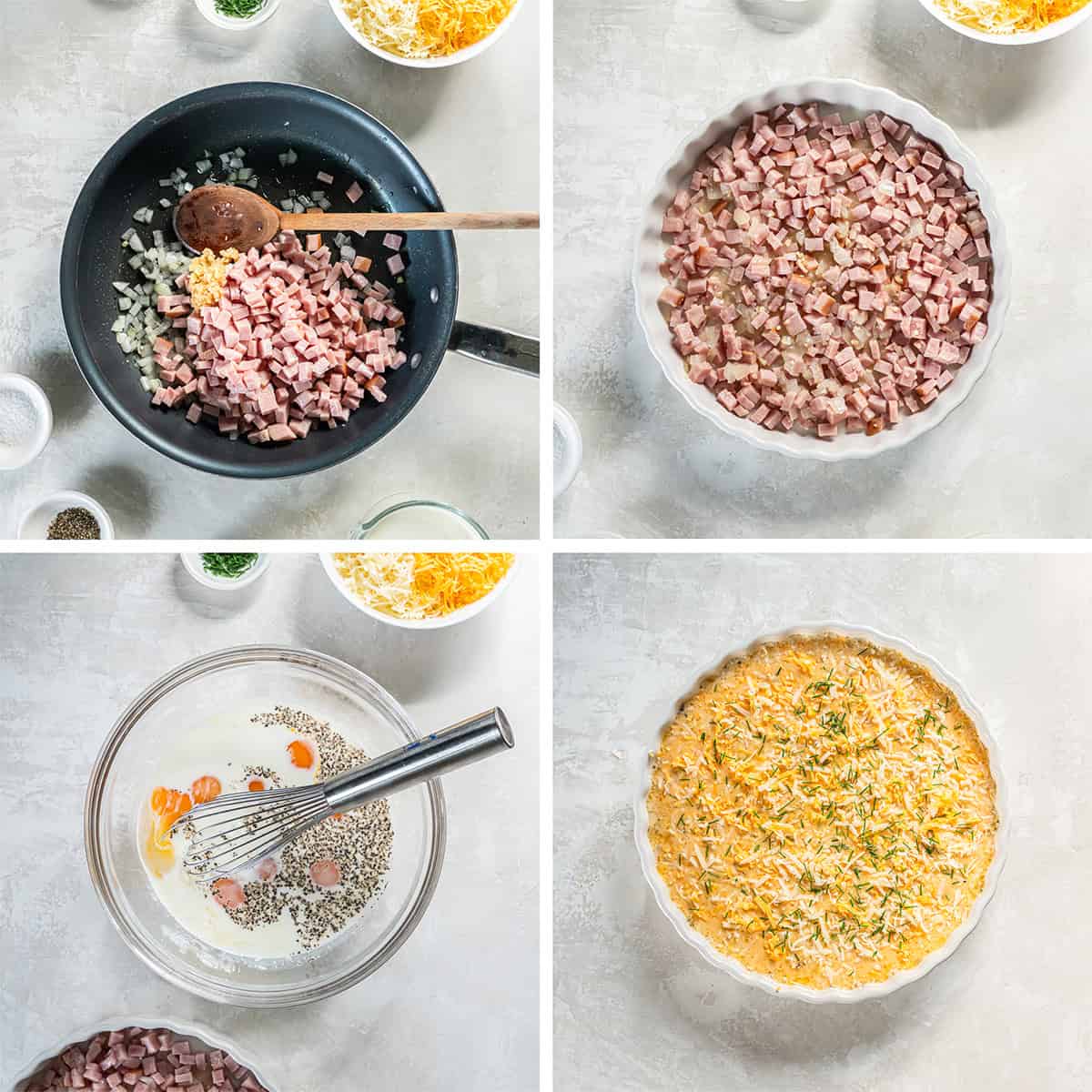 Four images of quiche ingredients being layered in a quiche pan.