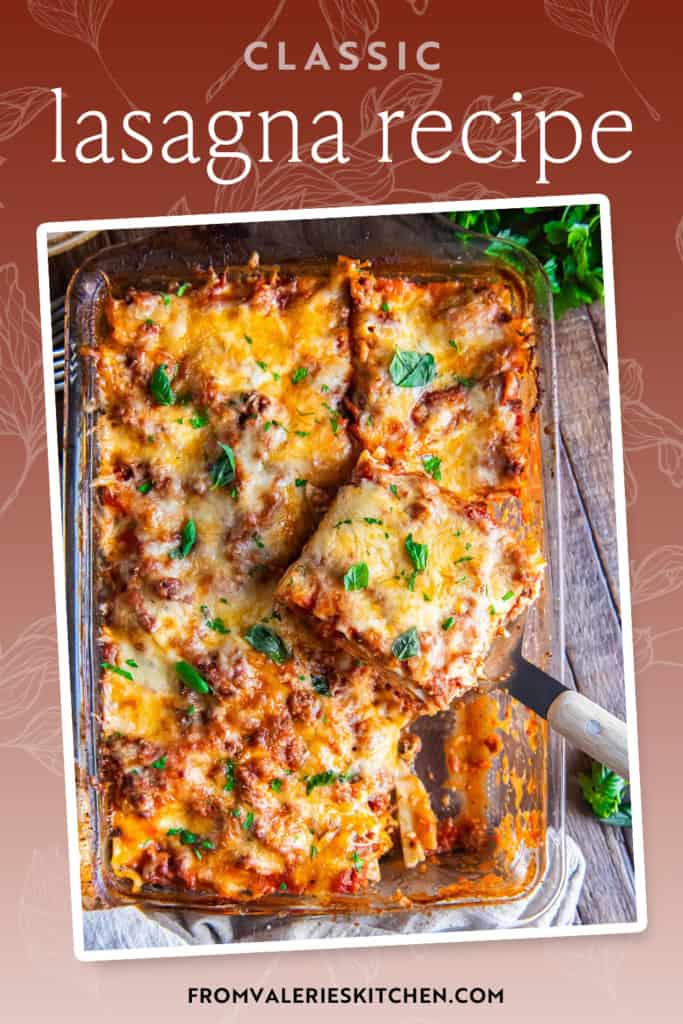 A spatula lifting a slice of lasagna from a baking pan with text overlay.
