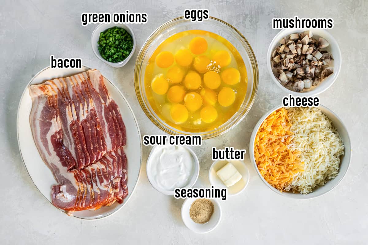 Eggs, cheese, bacon, and other ingredients for crustless quiche casserole with text.