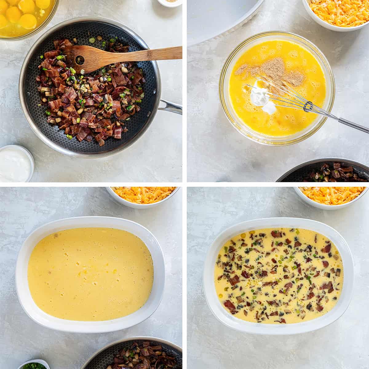Four images of mushrooms, green onions and bacon in a skillet and an egg and sour cream mixture in a bowl and baking dish.